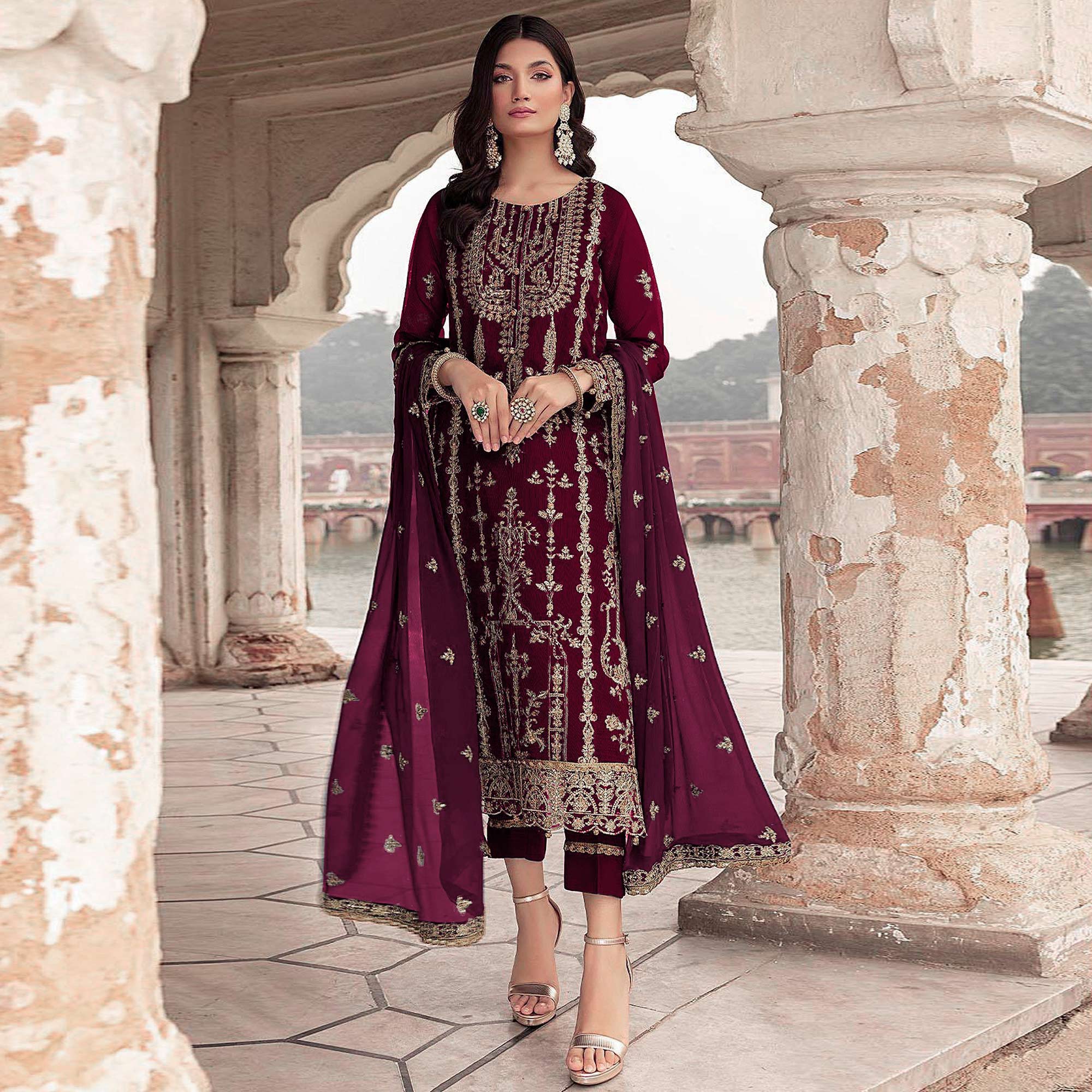 Embroidered Georgette Semi Stitched Churidar Suit Sm04450773